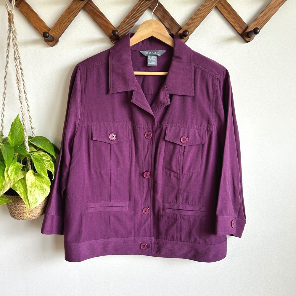 Vintage Koret Petite‎ Plum Purple Utility Jacket Linen Blend Button Cottagecore